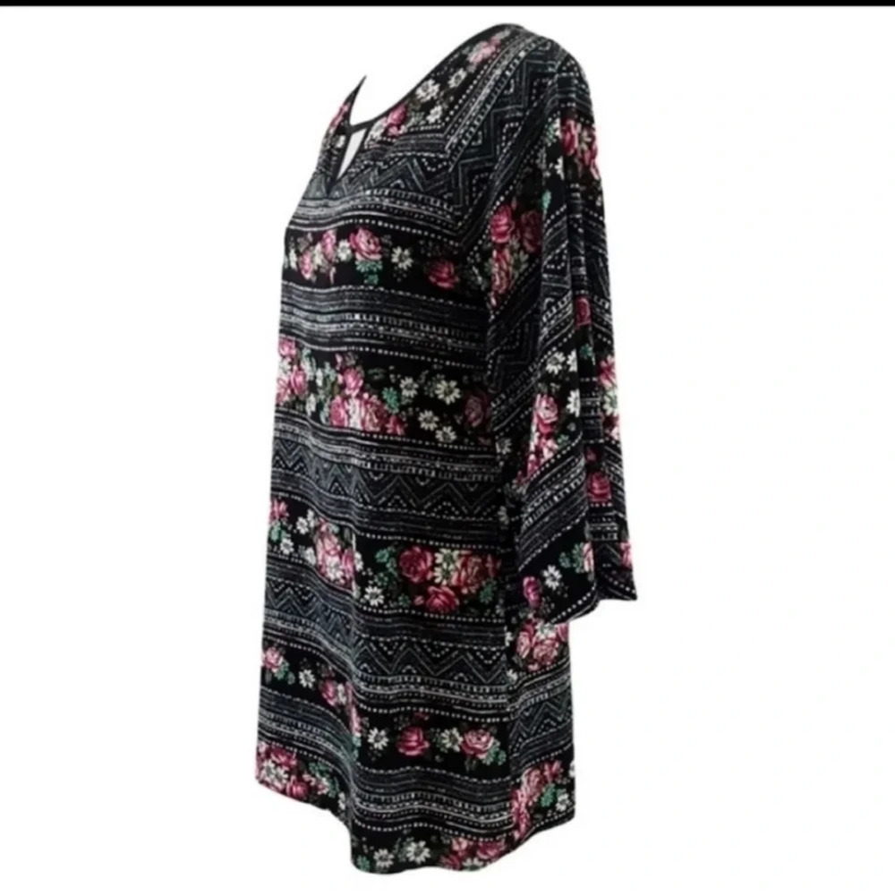 Paper Crane Black Floral Long Sleeve Racer Back Mini Shift Dress Size L - Picture 3 of 7